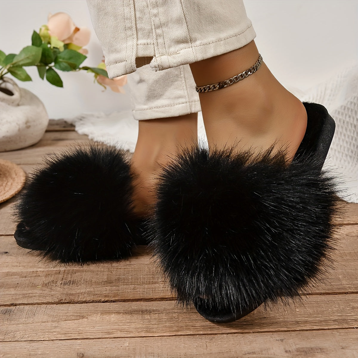 Women's Fluffy Plush Open Toe House Slippers Cozy Warm Solid Color