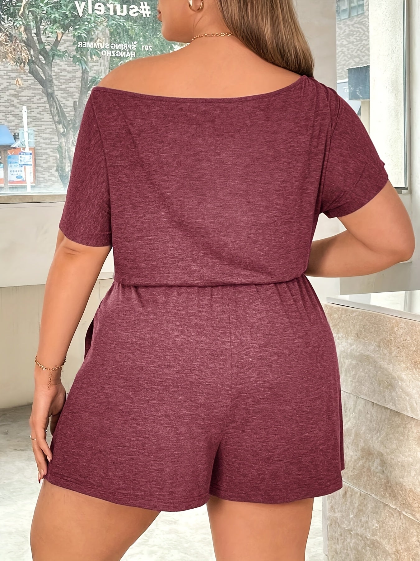 Women's Maroon Off-Shoulder Jumpsuit with Pockets Short Sleeve Romper