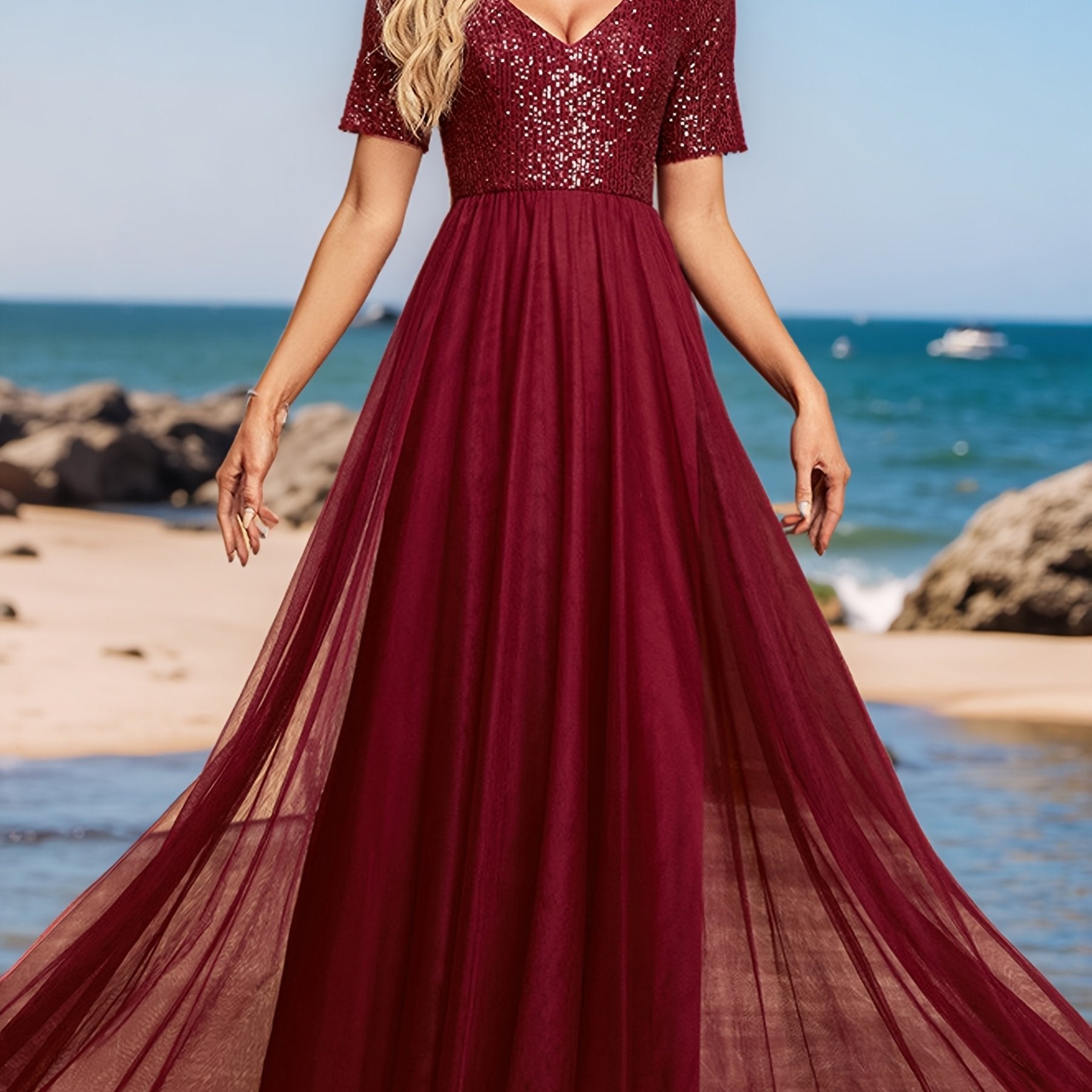 Plus Size Sequin Mesh Evening Gown V-Neck A-Line Party Dress