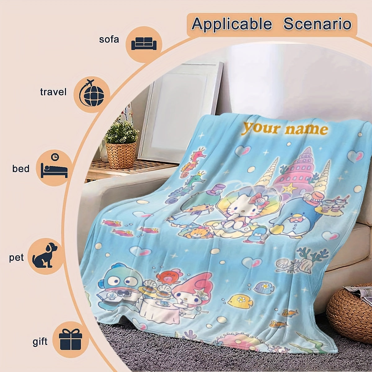 Cartoon Hello Kitty Underwater World Flannel Blanket for Kids and Adults
