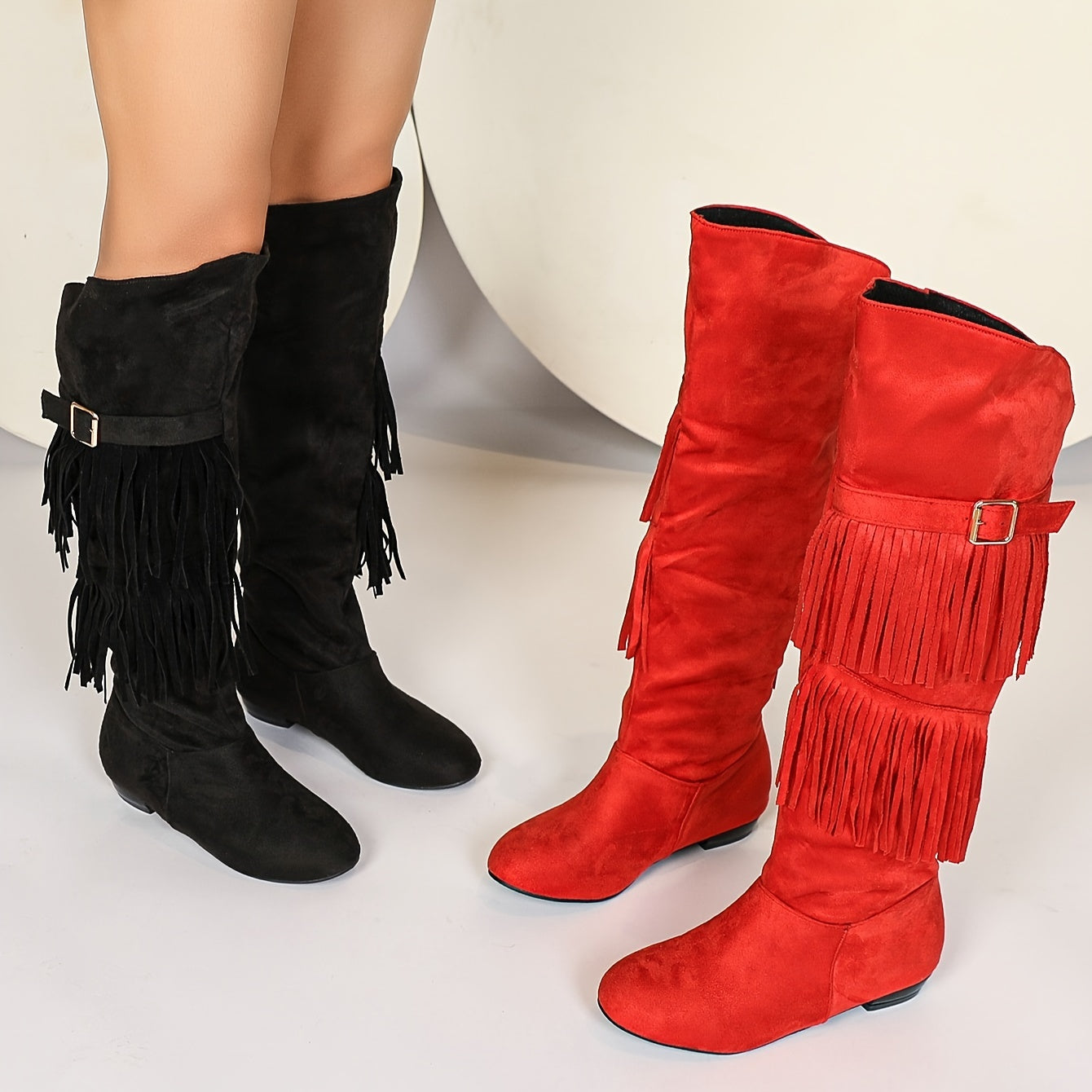 Women's Solid Color Knee High Boots with Tassel Decor and Buckle Strap