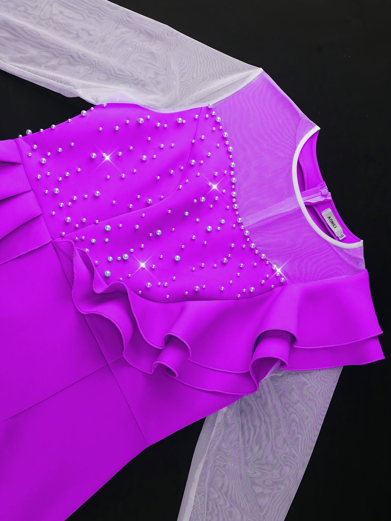 Women's Beaded Ruffle Shoulder Gauze Bodycon Evening Dress Long Sleeve