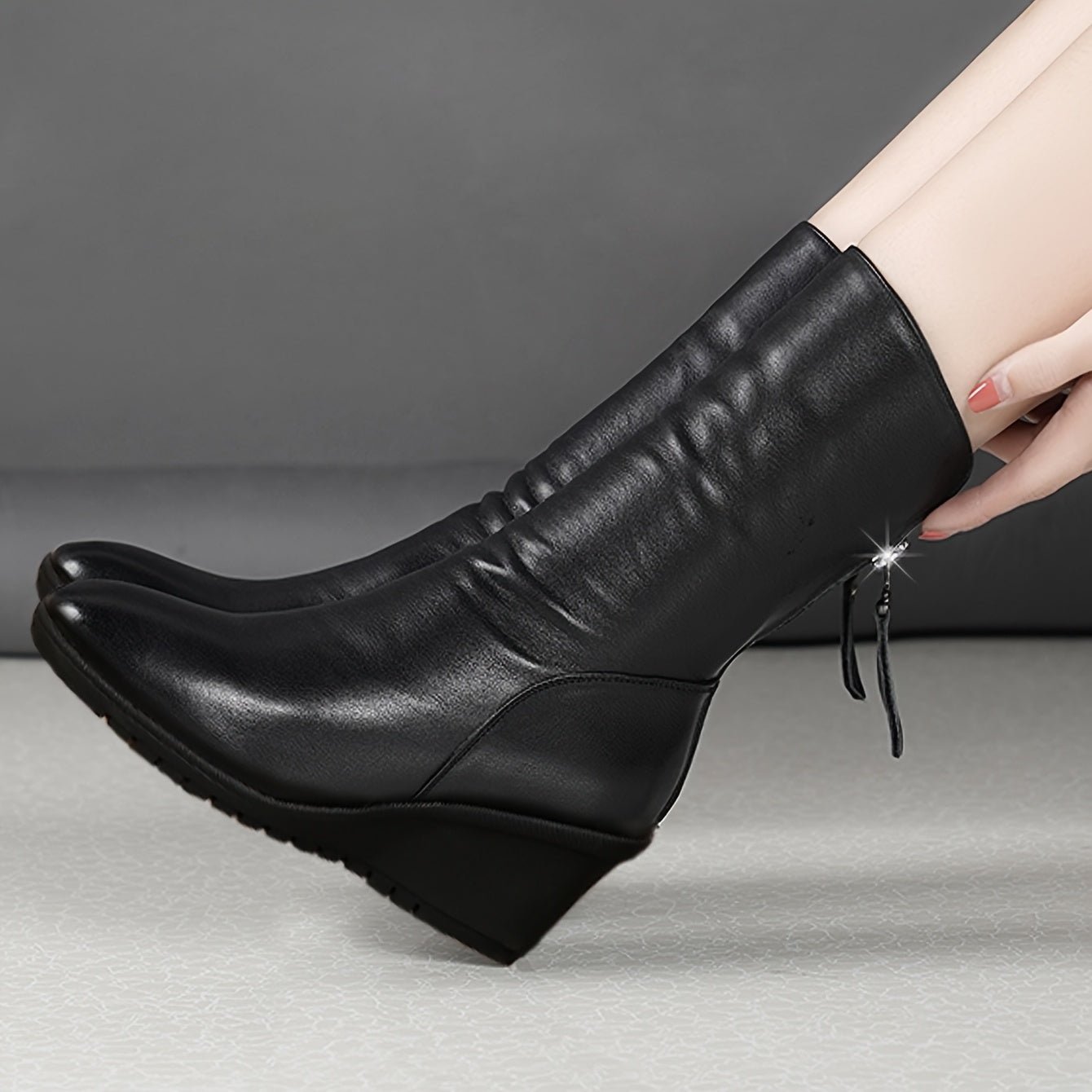 Women's Mid-Calf Faux Leather Boots with Wedge Heel for Autumn Winter