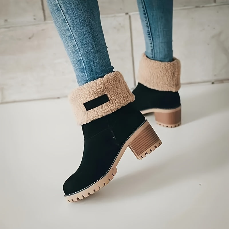 Women's Slip-On Casual Ankle Boots Nude Chunky Heeled Winter Warm Short Boots