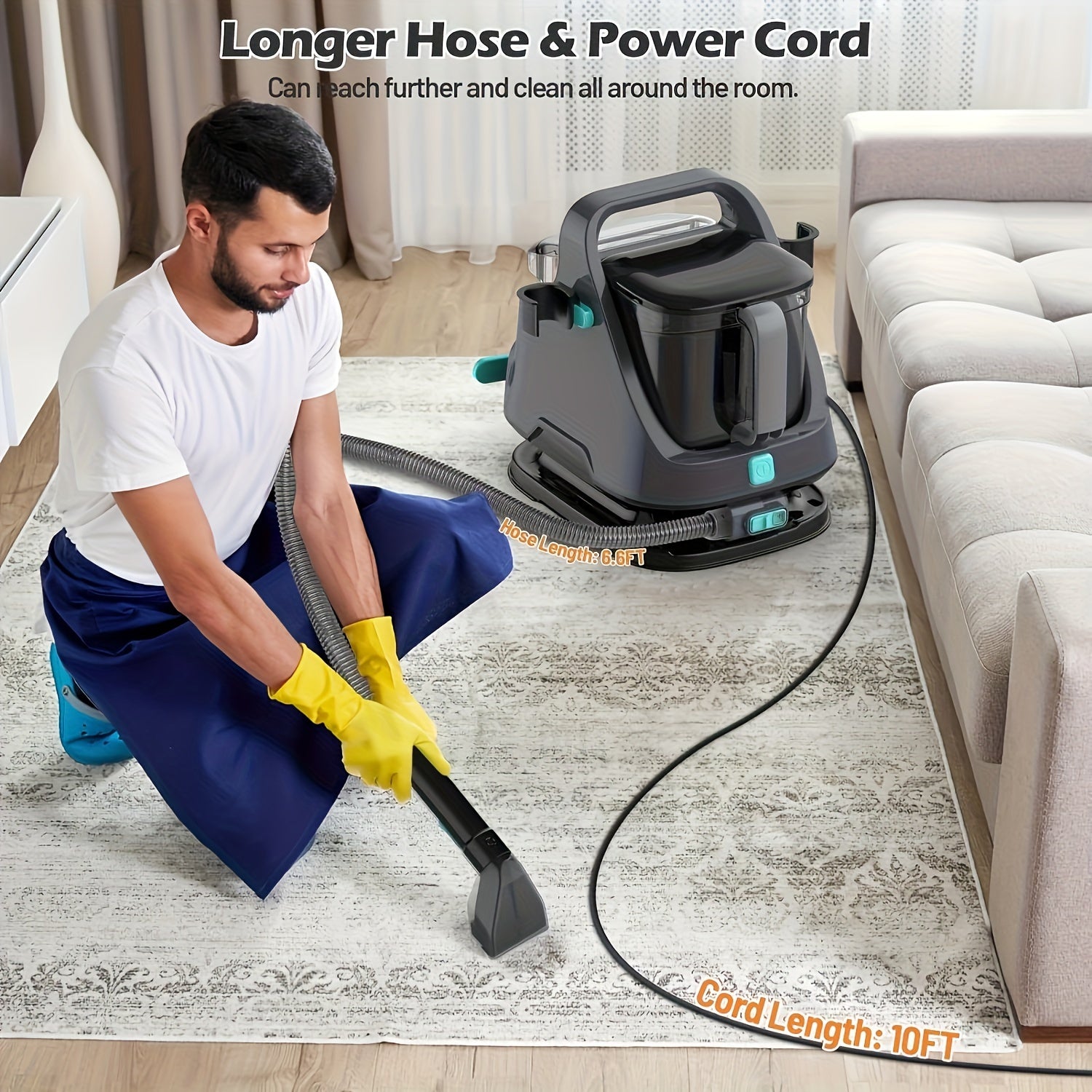 Kuchli uy hayvonlari dog'larini olib tashlovchi gilam tozalagich, ko'p funksiyali asboblar va Evropa ulagichi bilan uyda foydalanish uchun.