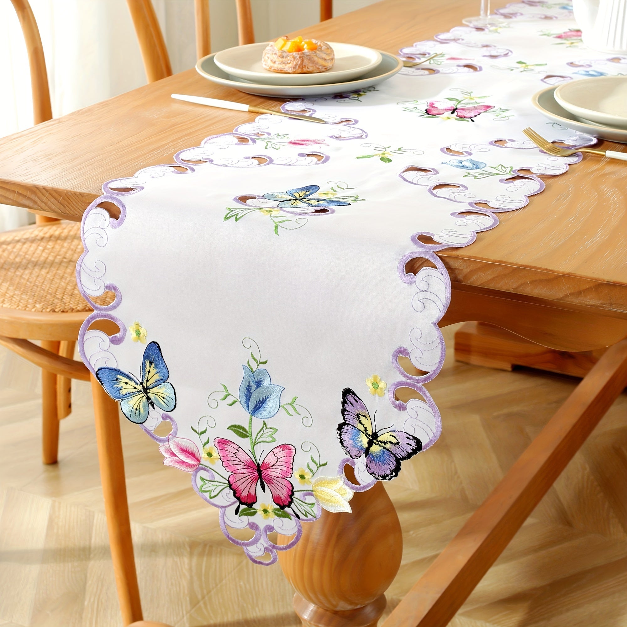 Polyester Table Runner with Butterfly and Flower Embroidery for Home Party Decor