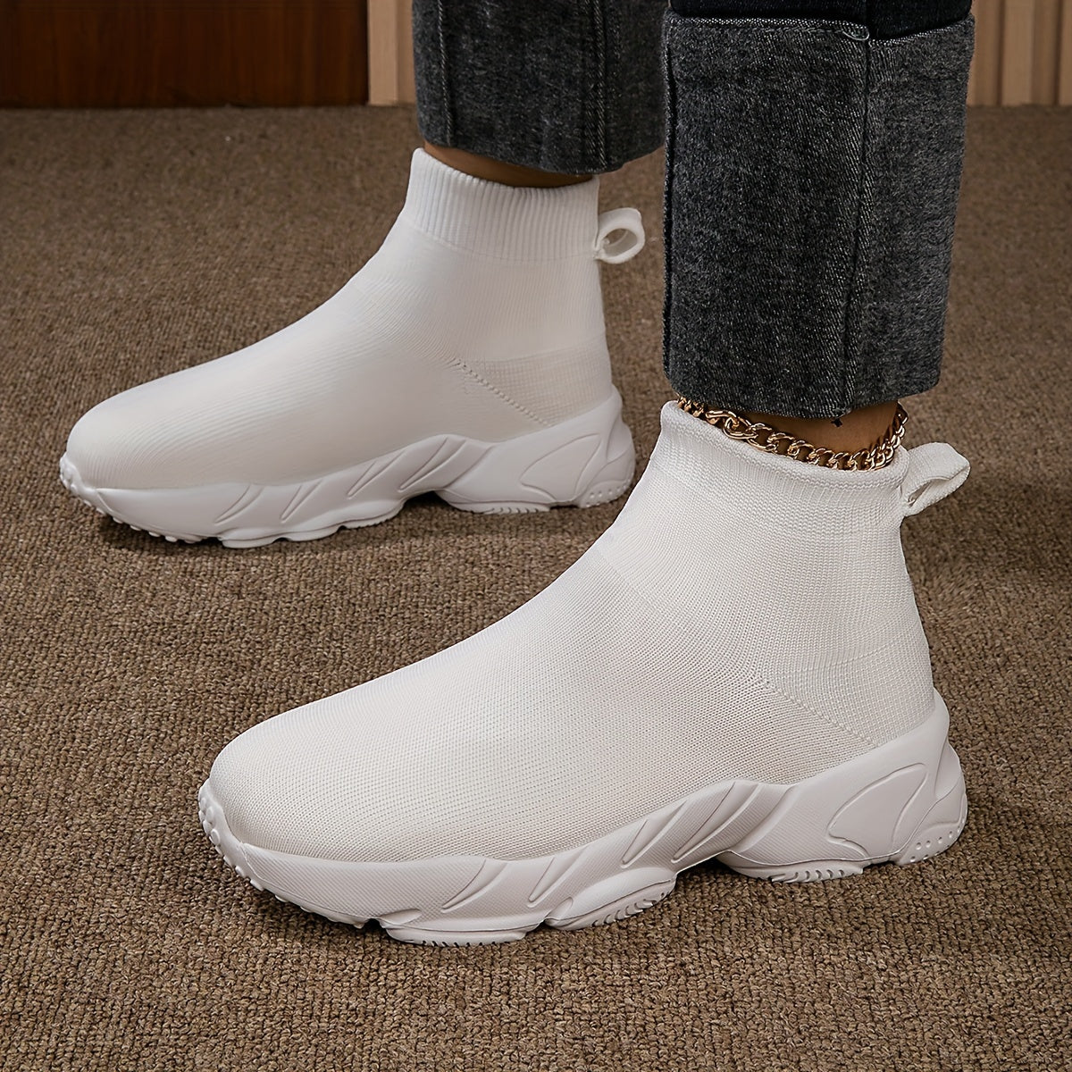 Zapatillas altas de mujer con calcetín, transpirables, de punto, slip-on, para caminar
