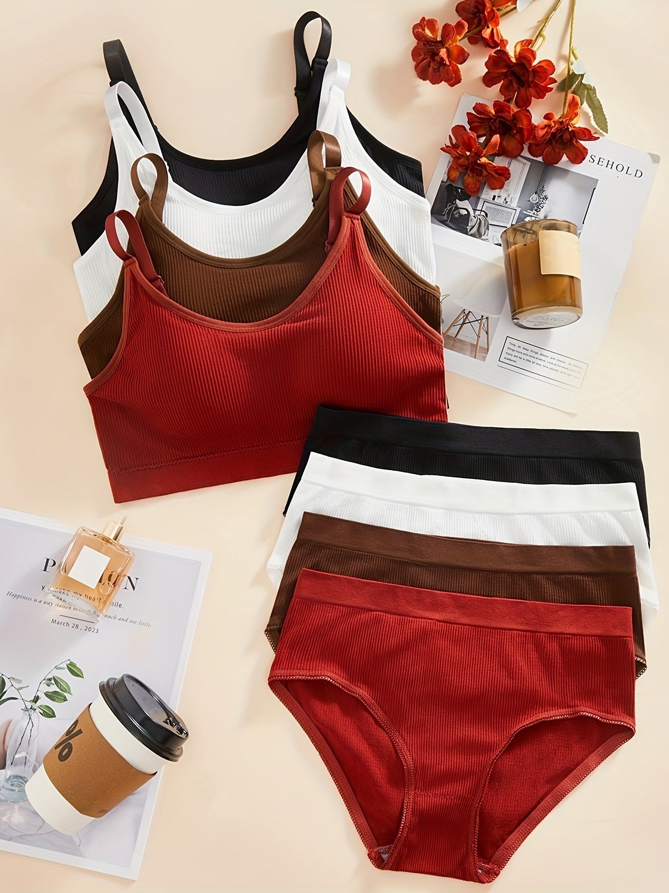 Women's Sports Bras and Panties Set 4 Pack Solid Color Knit Fabric Removable Padding