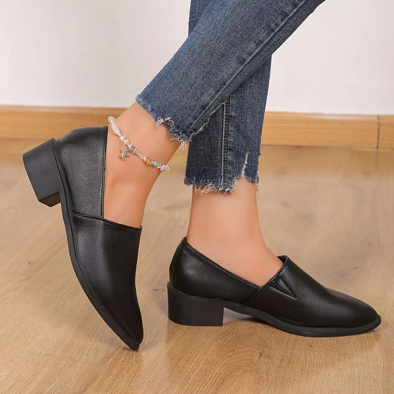 Women's Apricot Faux Leather Pointed Toe Loafers with Chunky Heel