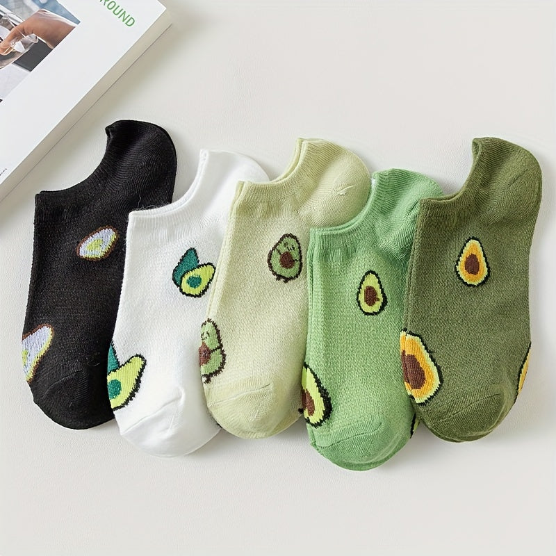 Women’s Avocado Print Ankle Socks 5 Pairs Lightweight Cotton Polyester