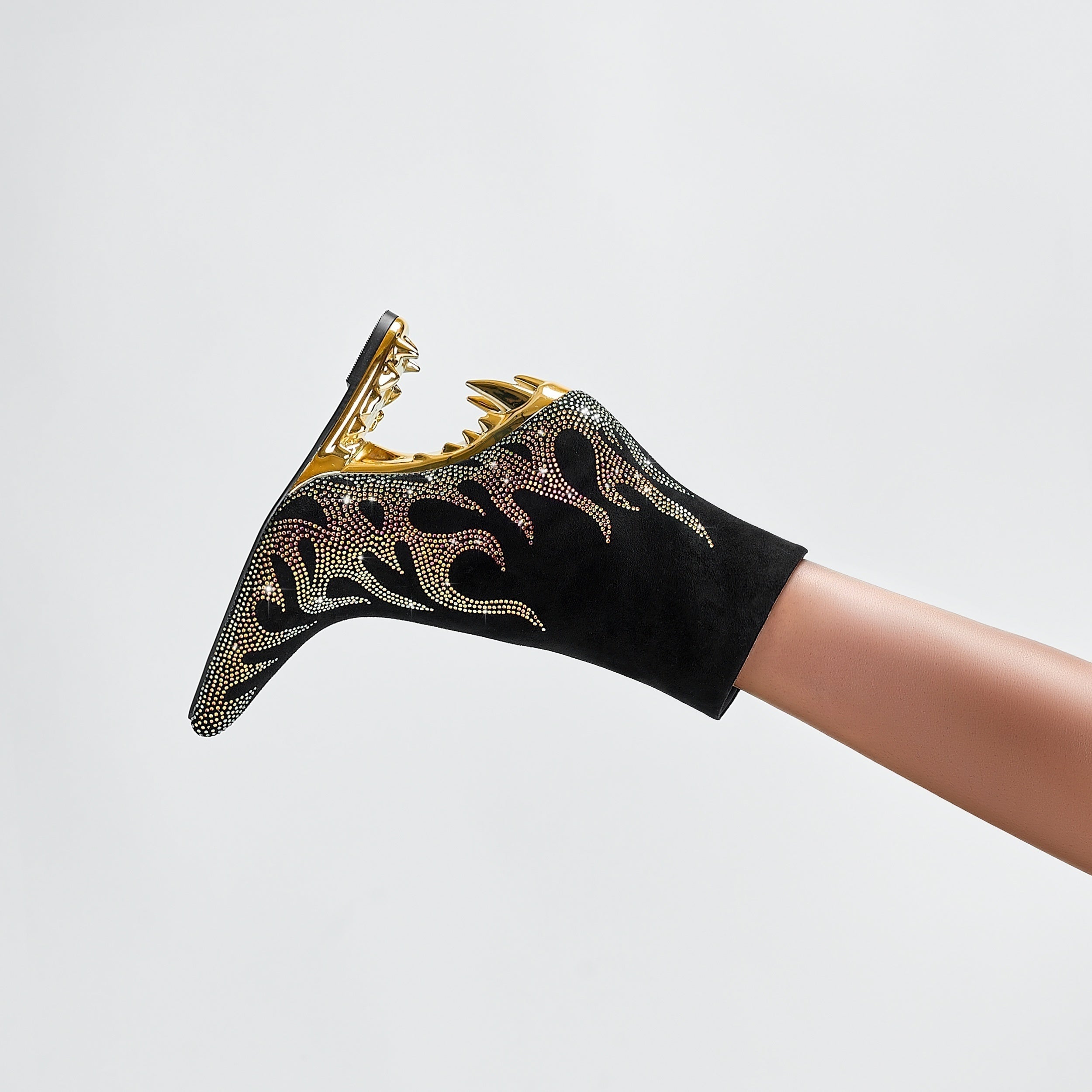 Women's Shiny Rhinestone Flame Pointed Ankle Boots Nude Heels