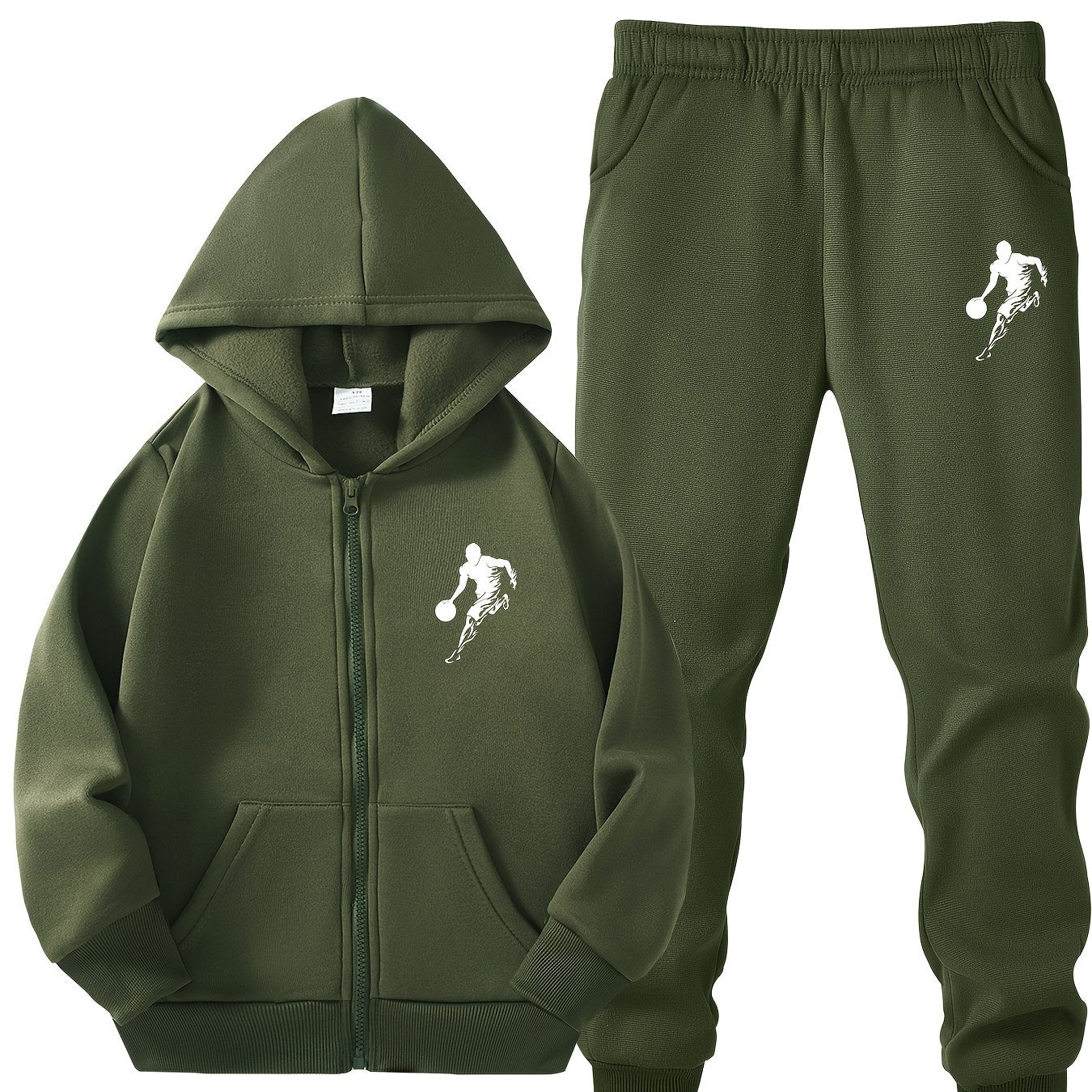 Boys' Black Basketball Print Hoodie and Jogger Set Polyester Zip Pockets Casual Sports Outdoor