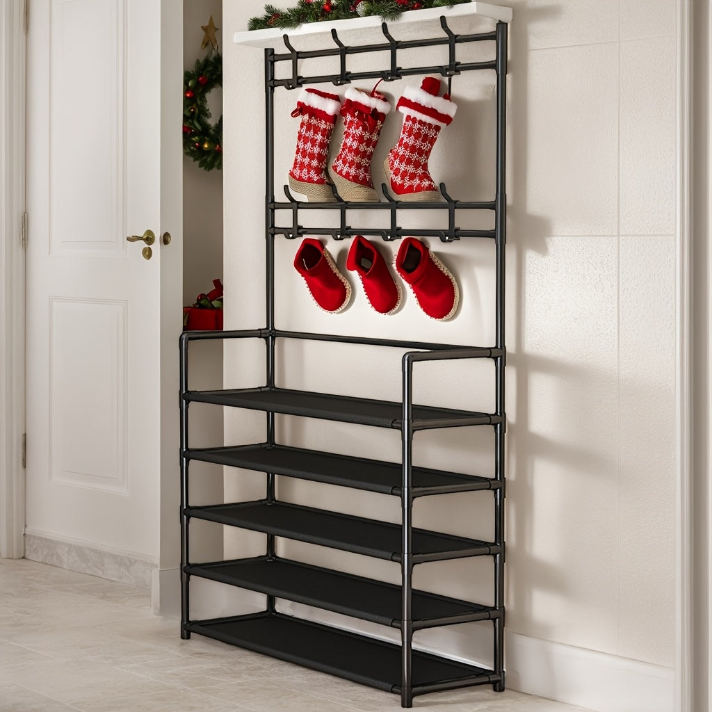 Multi-Functional Metal Shoe and Hat Rack with 8 Hooks for Entryway and Living Room Organization
