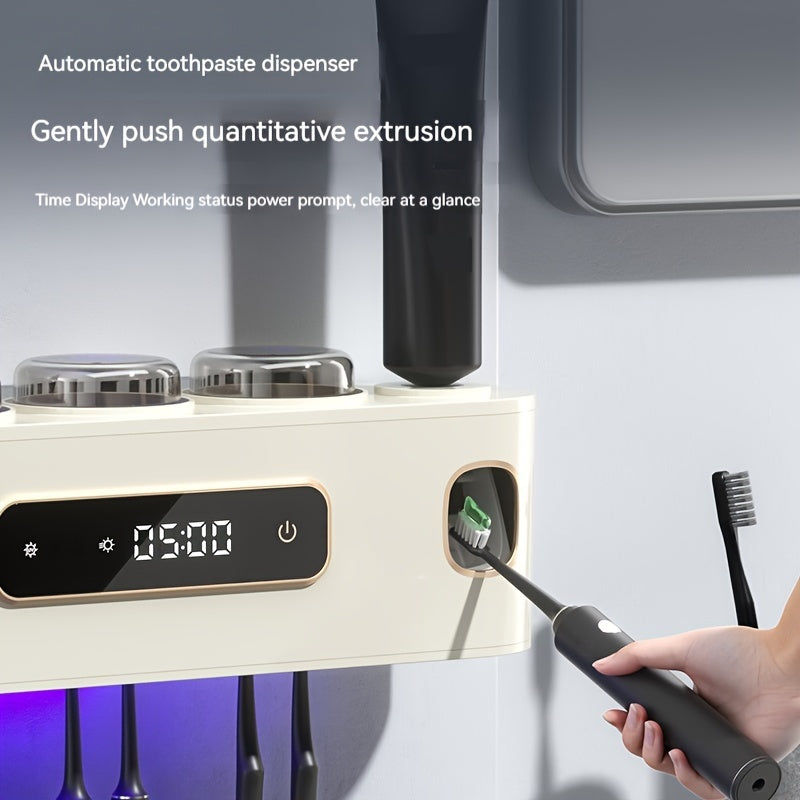 Black Wall-Mounted USB Rechargeable Smart Toothbrush Holder with Double Toothpaste Dispenser