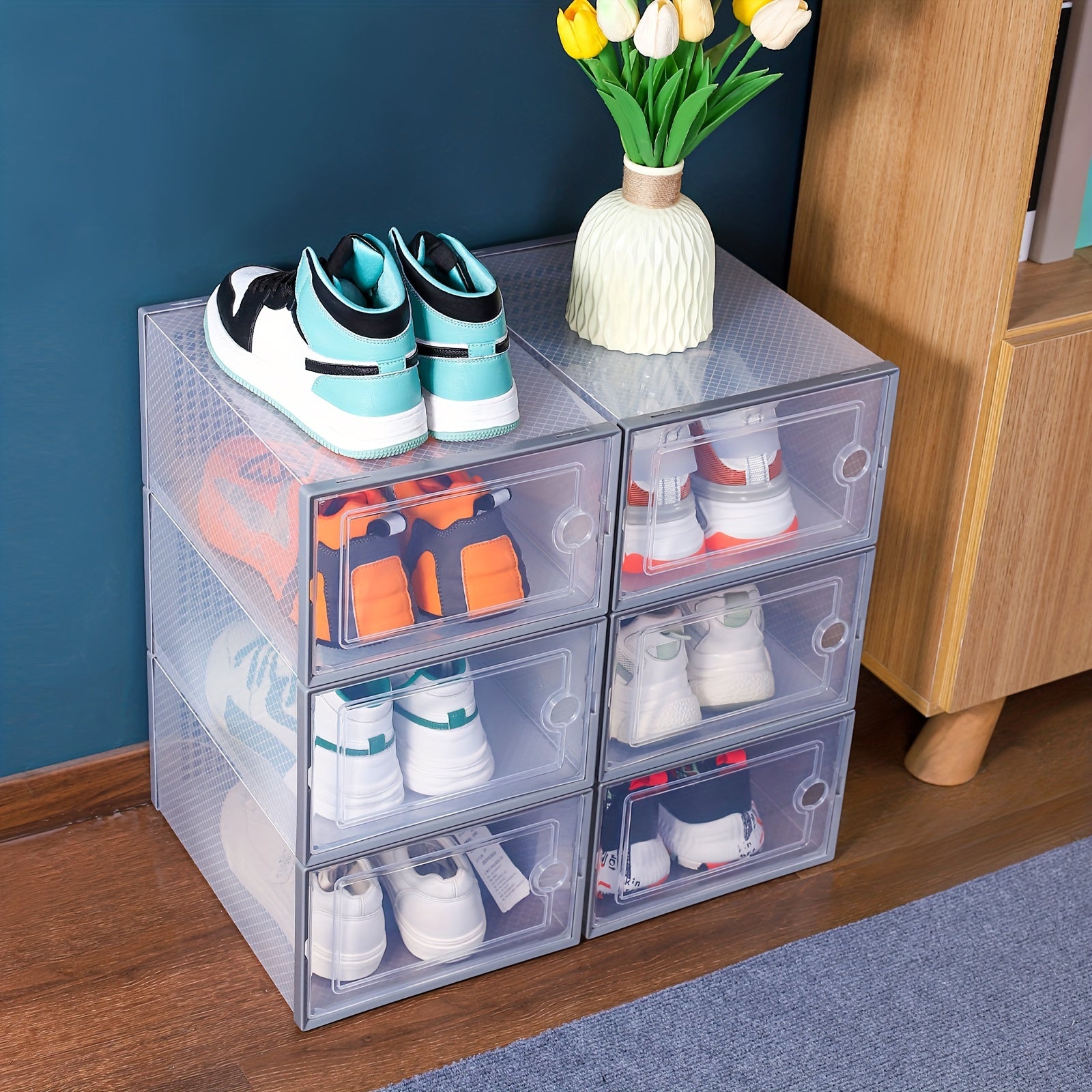12 Pack Clear Plastic Shoe Storage Boxes Dustproof Moisture-Resistant with Front and Back Access