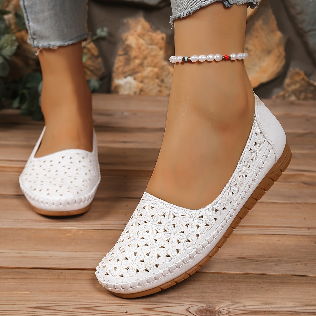 Women's White Cut-Out Slip-On Flats Synthetic Casual Shoes TPR Sole