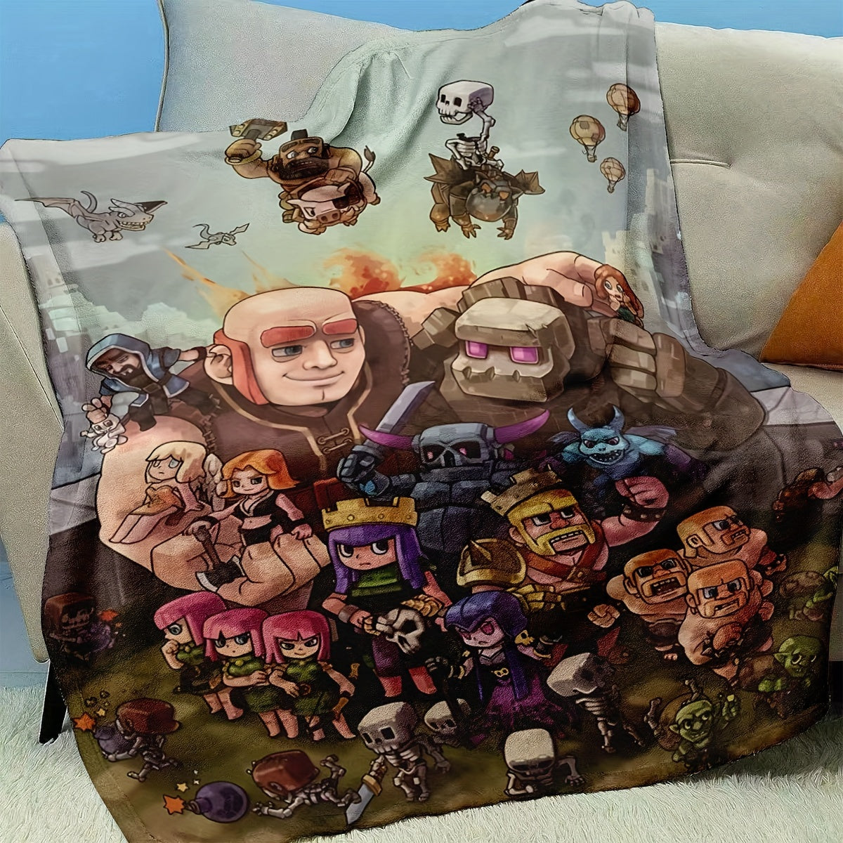 Fleece Blanket with Clash of Clans Characters Digital Print Polyester Machine Washable All Seasons