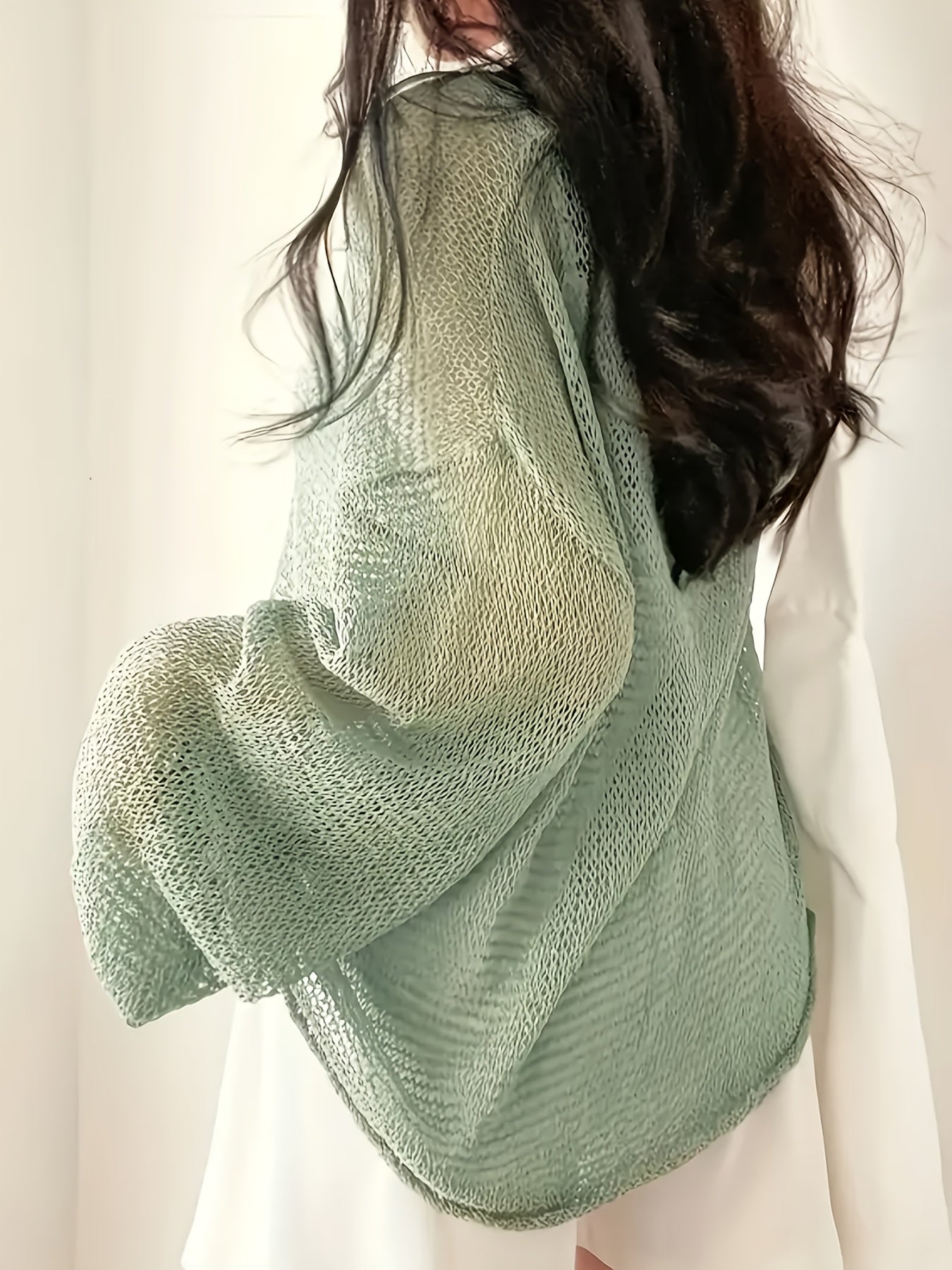 Plus Size Women Light Green V-Neck Cardigan Long Sleeve Loose Fit