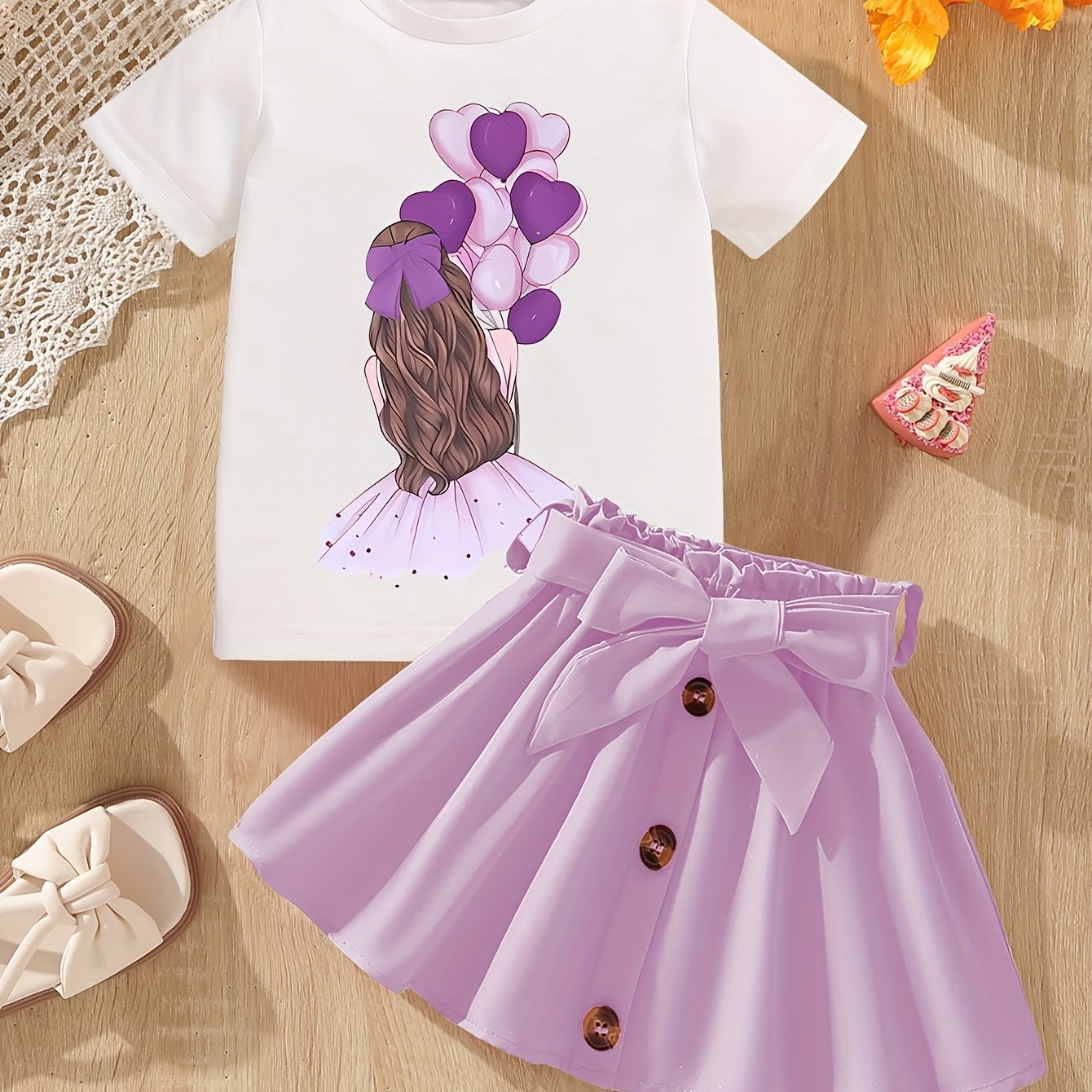 Летний набор для девочек: графическая футболка и юбка в фиолетовом для малышей-девочек