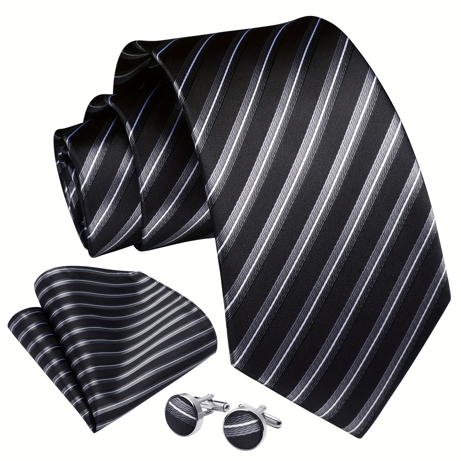 Men's Striped Necktie Cufflink Handkerchief Set for Business and Gifting