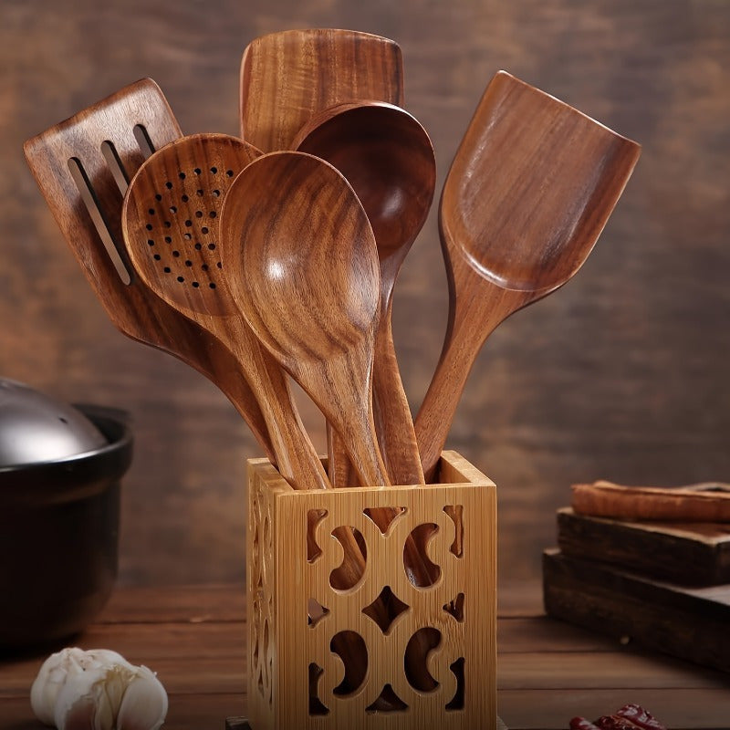 Durable Teak Wooden Cooking Spoon Set with Holder Kitchen Utensils for Cooking