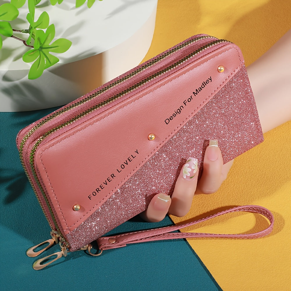 Длинный кошелек с цветными блоками, клатч с пайетками и слотами для карт для женщин