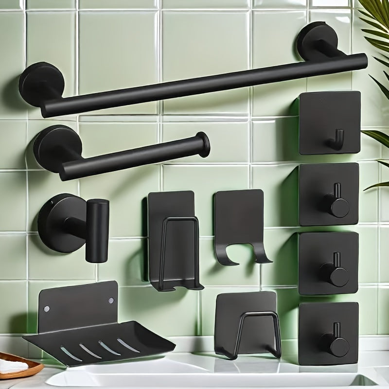 11-Piece Stainless Steel Bathroom Set Black and Silver Modern Accessories with Towel Bar Hooks and Soap Dish