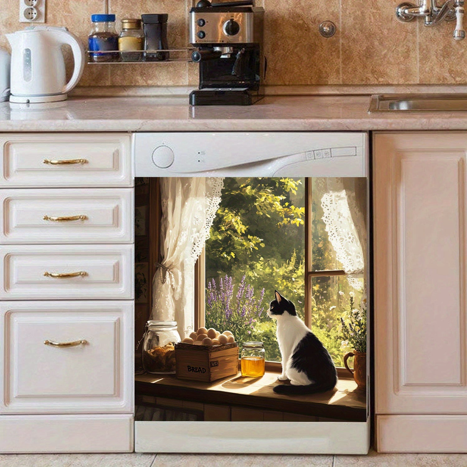 O'rmon uslubidagi idish-tovoq magnit qopqog'i, derazadagi mushuk bilan dizayn, suv o'tkazmaydigan, issiqlikka chidamli, oson qo'llaniladi, oshxona dekoratsiyasi