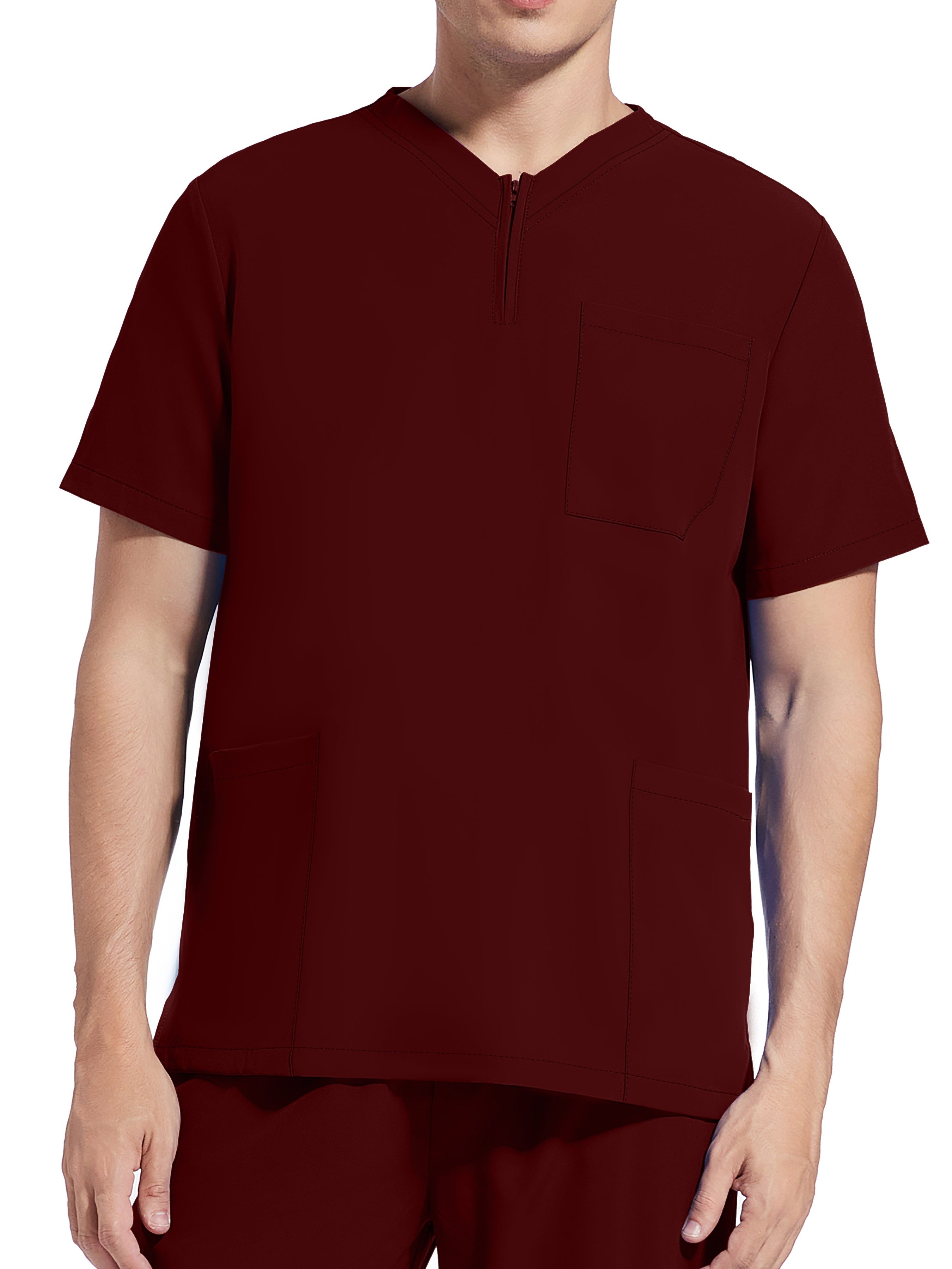 Men's Short Sleeve Stretch Work Uniform Lab Shirt with Pockets V-Neck Polyester