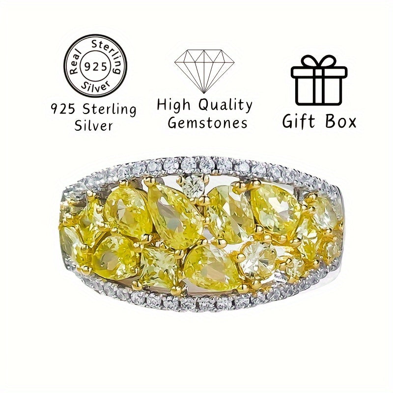 Сногсшибательное праздничное кольцо из 925-й стерлинговой серебра с желтыми бриллиантами и белым цирконием - идеально для праздничных мероприятий и торжеств - поставляется в подарочной коробке