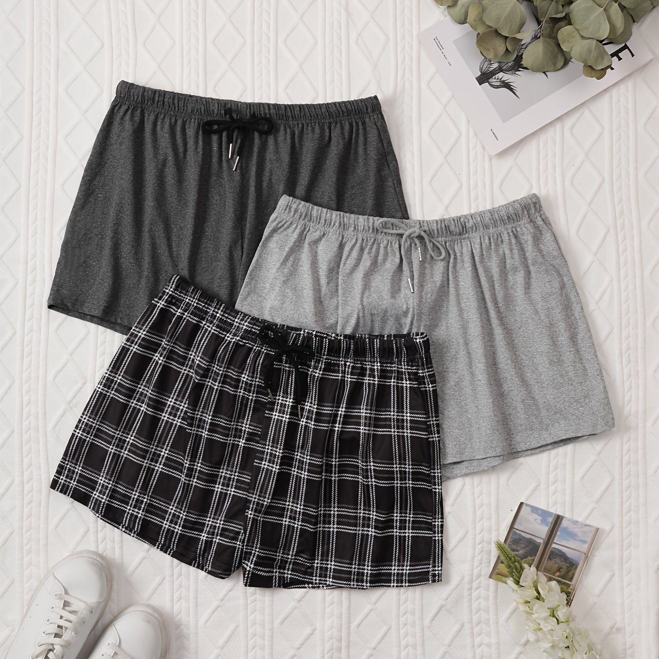 Women's Plus Size Lounge Shorts Solid and Plaid Drawstring Elastic Waist