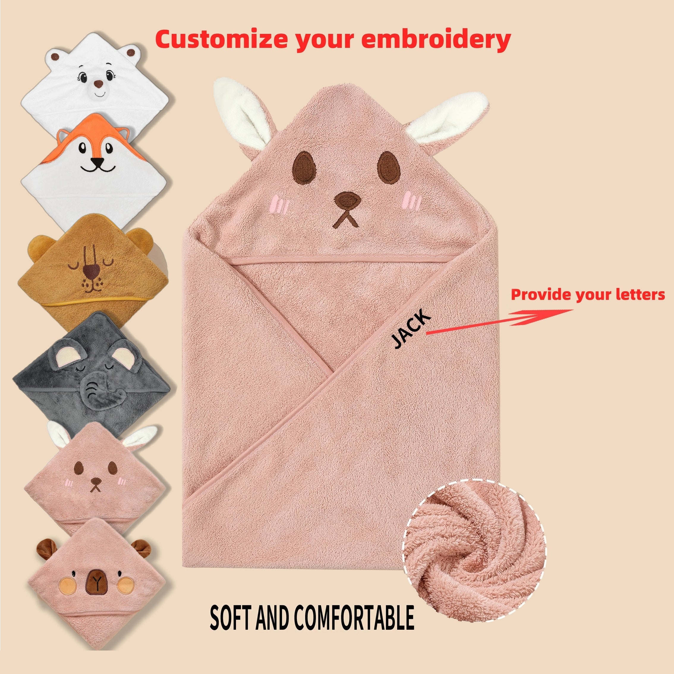 Personalized Cartoon Animal Bath Towel Blanket Soft Polyester Gray Pink Blue Gift