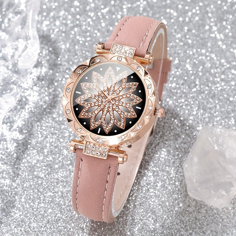 3-Piece Women's Watch Set Quartz Analog Rhinestone Leather Case Jewelry
