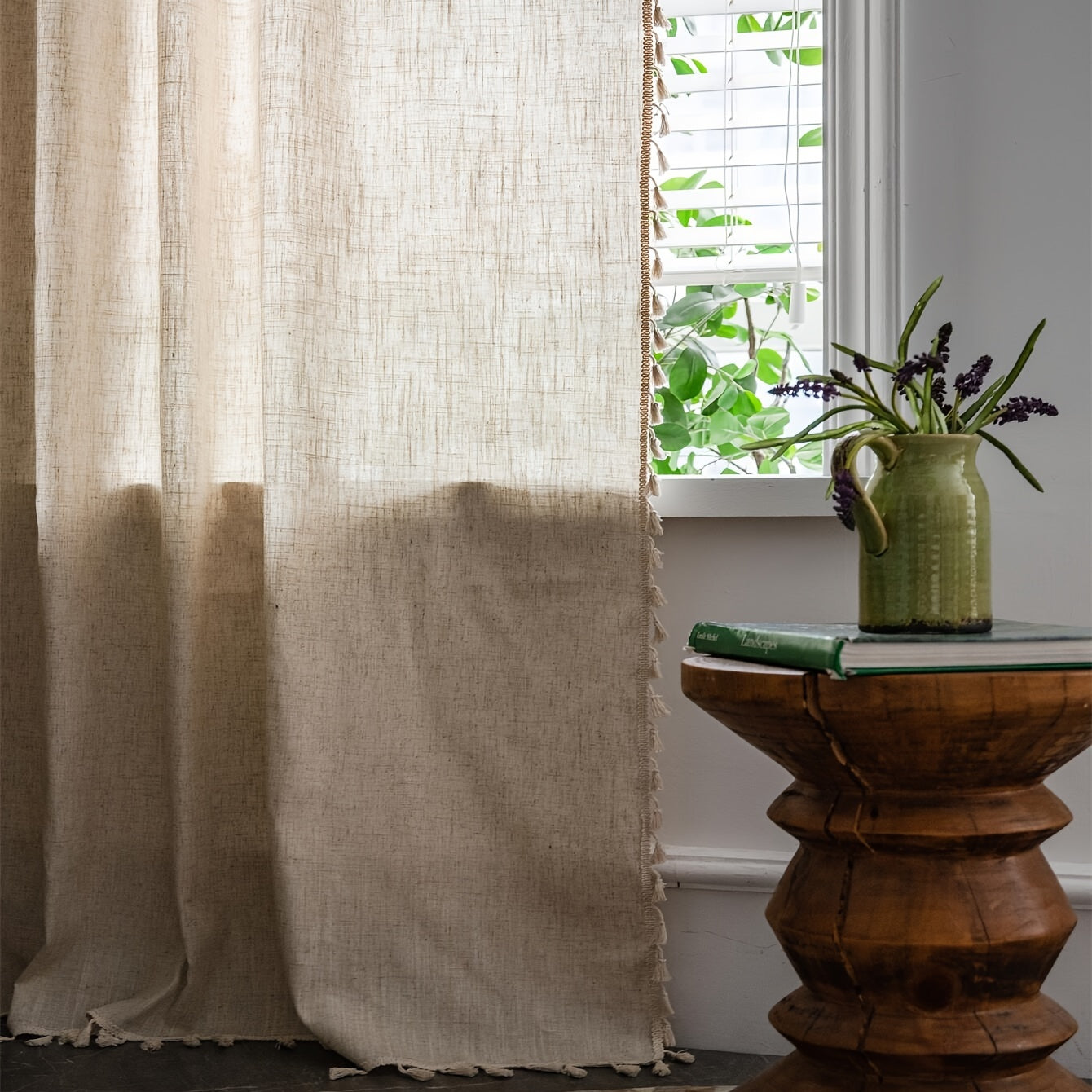 Boho Solid Color Translucent Curtain with Bamboo Flaxen Texture and Tassel for Bedroom or Living Room