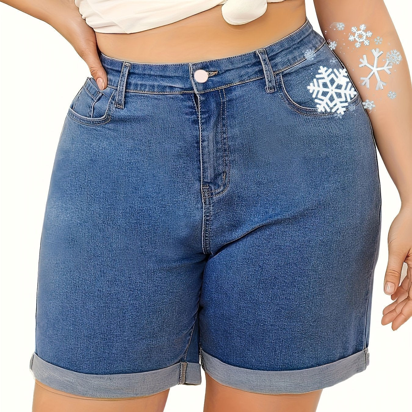 Women's Plus Size Denim Shorts High Waist Stretch Summer Rolled Hem