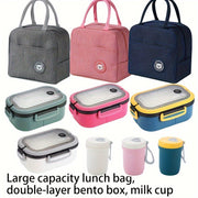 Three-Piece Lunch Bag Set with Inner Compartments and Storage Pouches for School Work Picnics and Camping