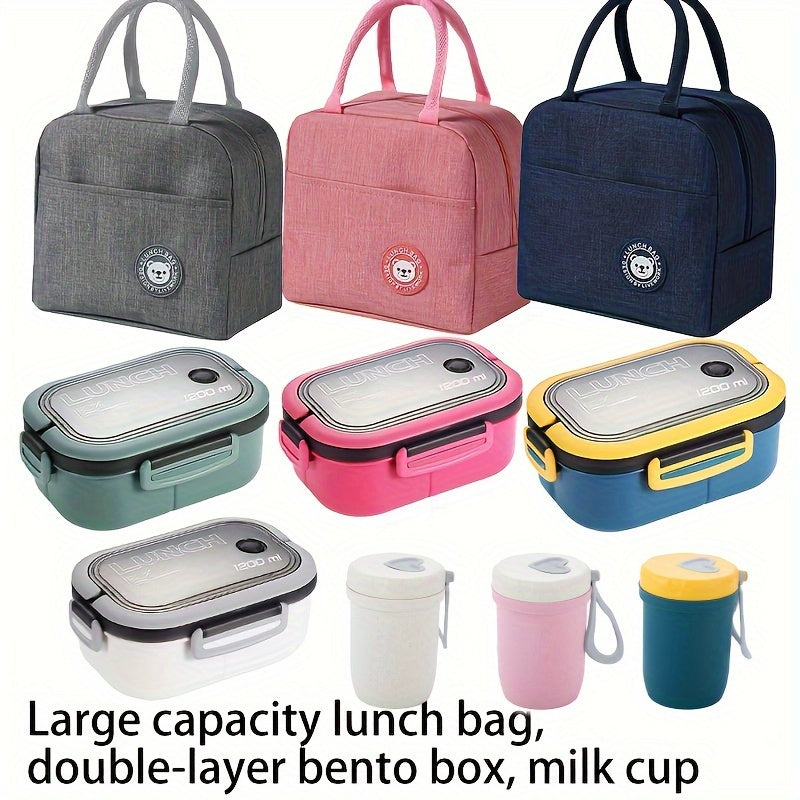 Three-Piece Lunch Bag Set with Inner Compartments and Storage Pouches for School Work Picnics and Camping