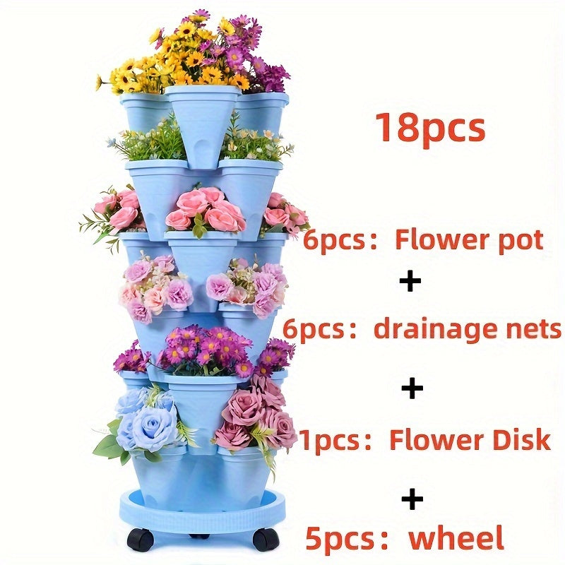 Stackable Plastic Flower Pot Set with Wheels for Indoor Outdoor Gardening for Herbs Vegetables and Flowers