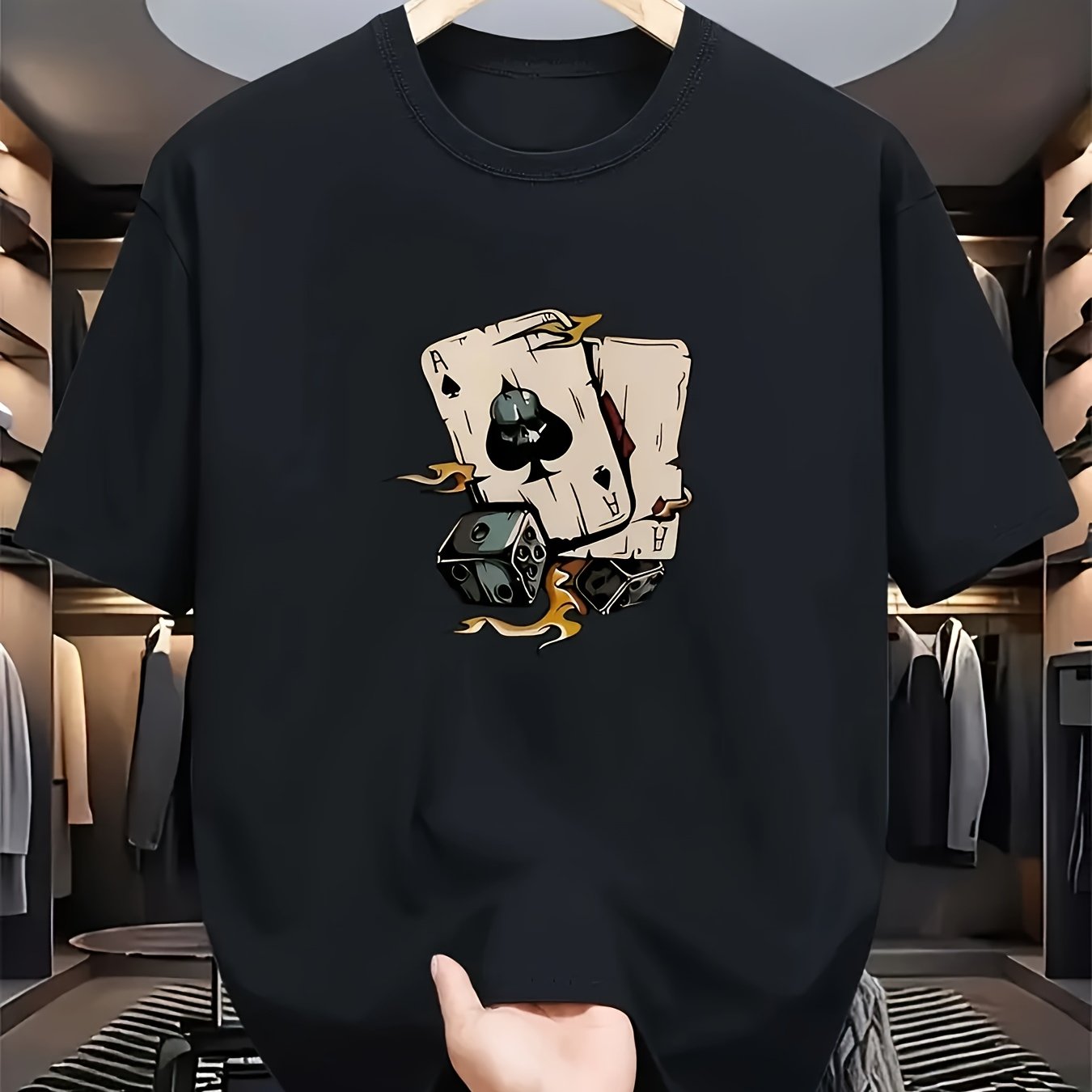 Men's Black Casual T-Shirt with Skull and Mechanical Print Polyester Spandex Summer Crew Neck Short Sleeve