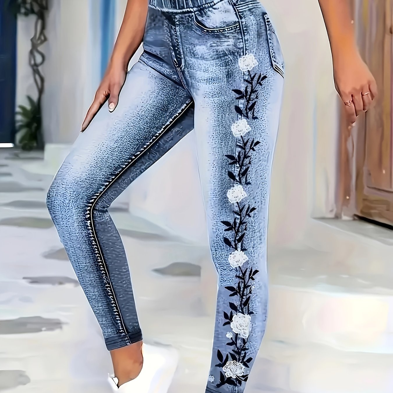 Women's High Waist Floral Print Skinny Jeans Stretch Jeggings for All Seasons