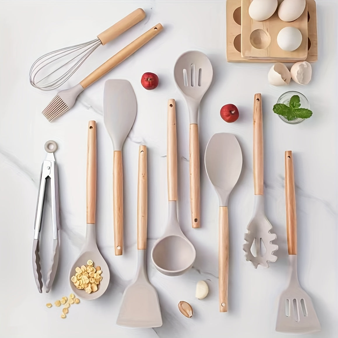 12-Piece Silicone Kitchen Utensil Set with Wooden Handles Khaki Non-Stick Heat-Resistant
