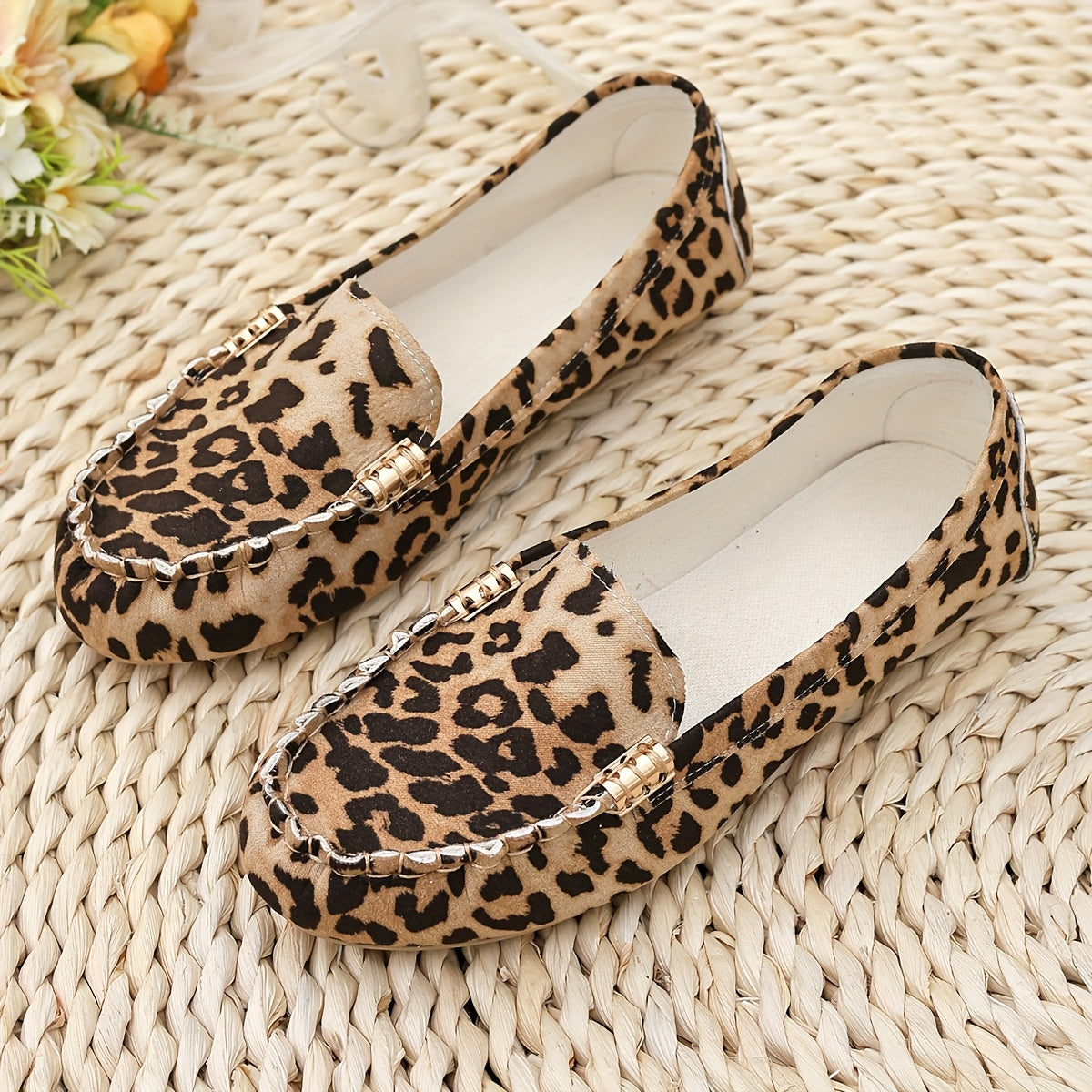 Women's Leopard Print Slip-On Loafers with Metallic Accents