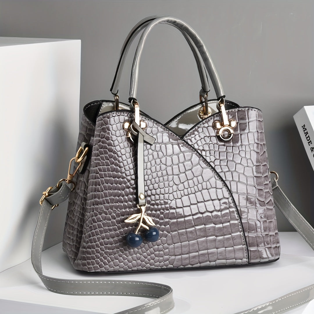 Crocodile Embossed Tote Bag with Cherry Pendant PU Checkered Zipper Closure