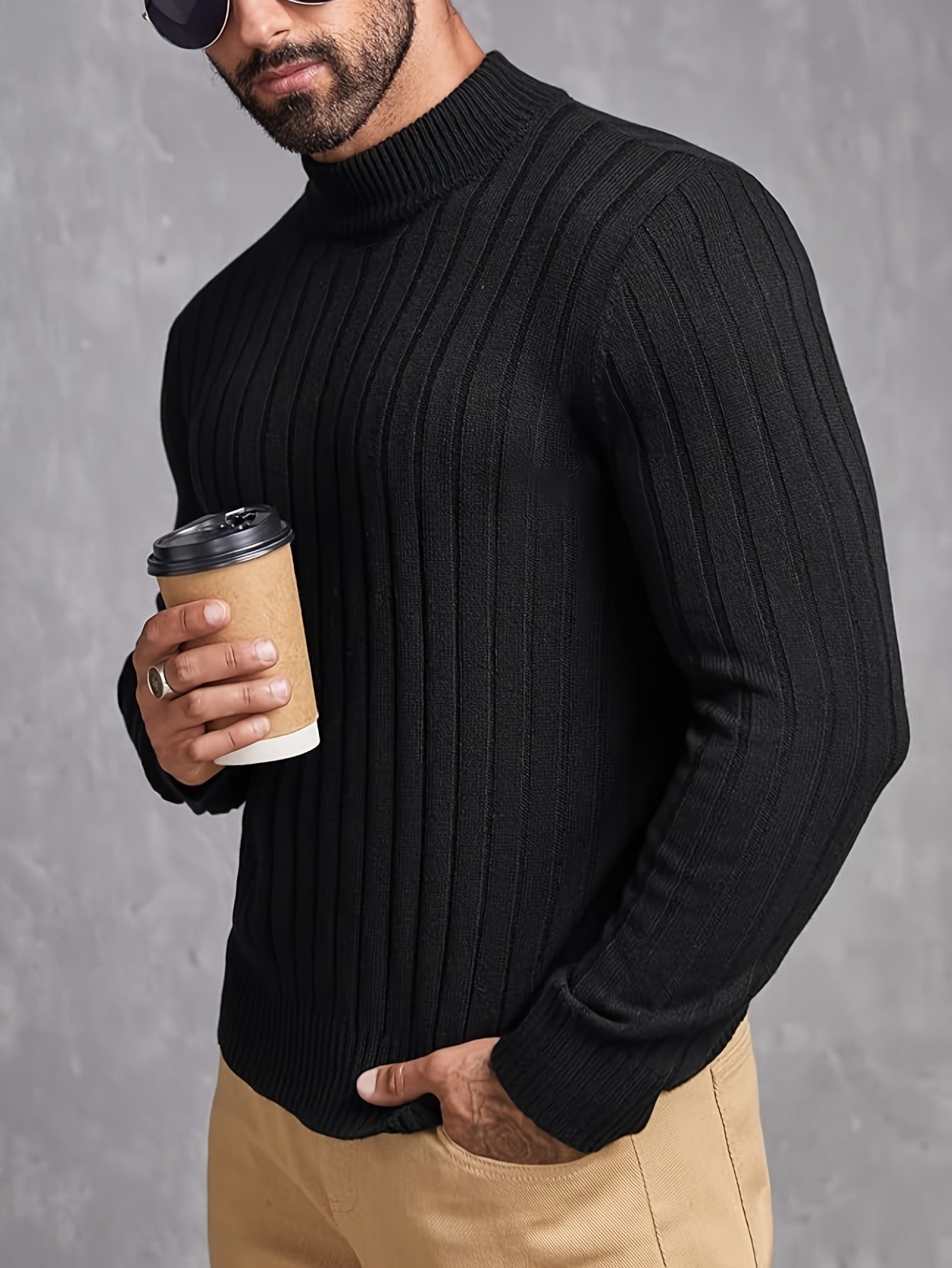 Men's Slim Fit Ribbed Knit Pullover Sweater for Plus Sizes Lightweight High Neck Long Sleeve Top