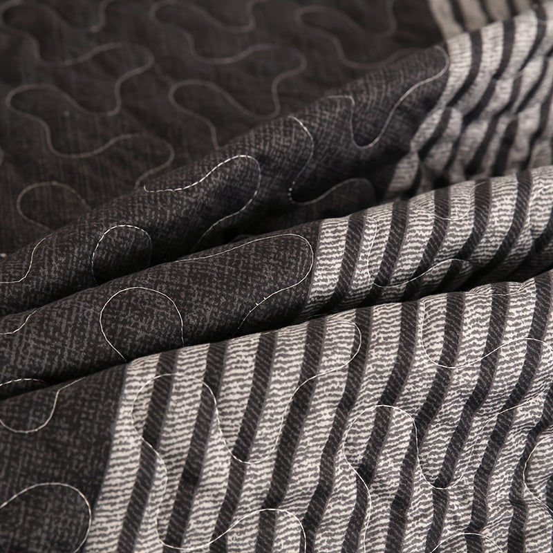 3-Piece Brushed Bedspread Set in Black Grey White Stripes with Pillowcases for Bedroom and Guest Room