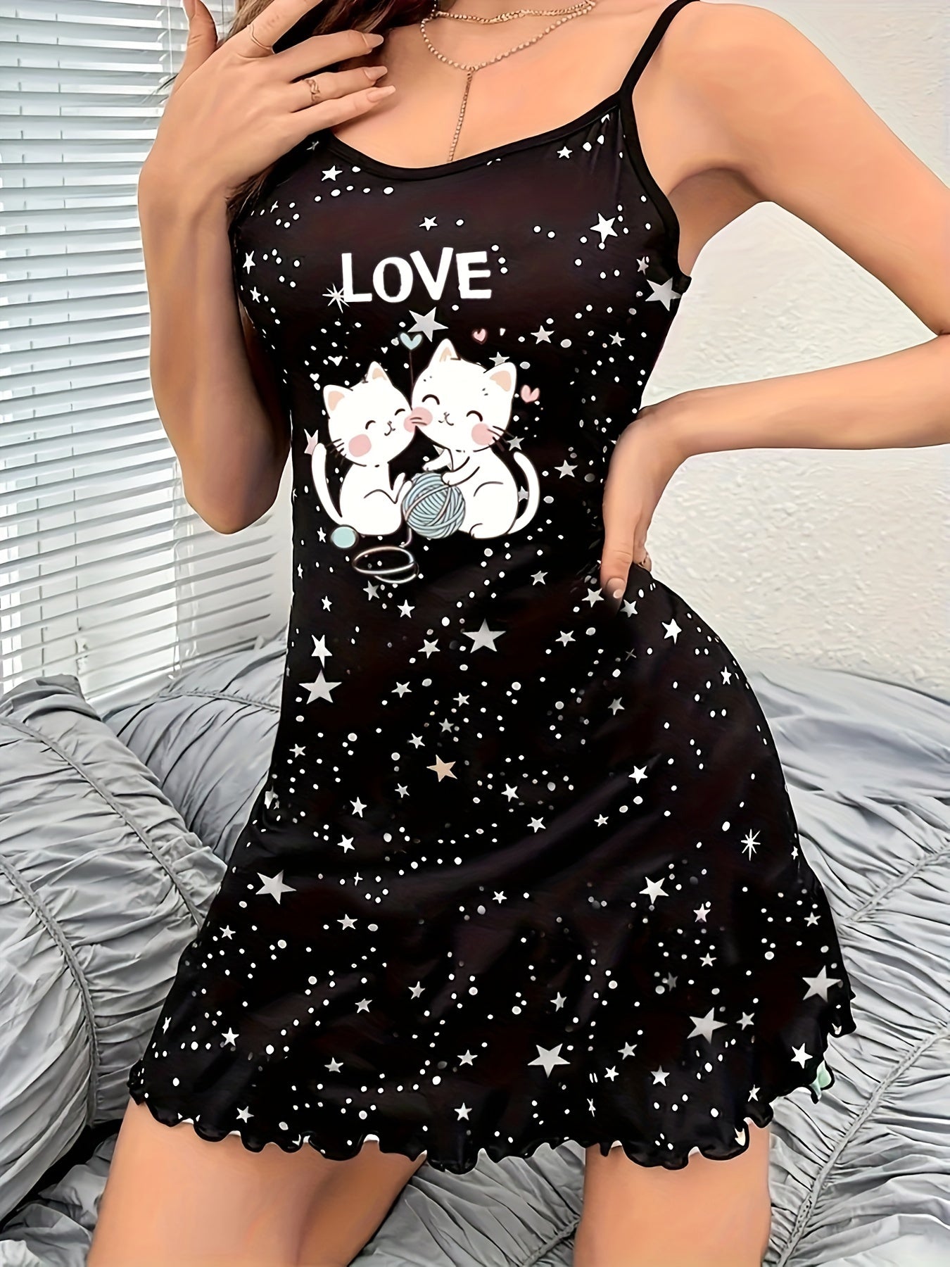 Women’s Cat and Star Print Lounge Dress with Frill Trim Backless Slip Nightgown