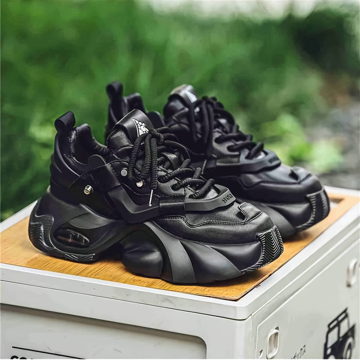 Men's Black Chunky Sneakers with Braided Laces Rubber Sole EVA Insole Casual Athletic