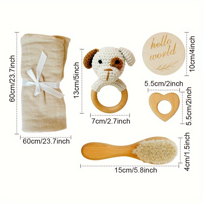 Baby Shower Gift Set with Crochet Dog Rattle Bamboo Cotton Towel Goat Hair Brush Beechwood Heart Toy