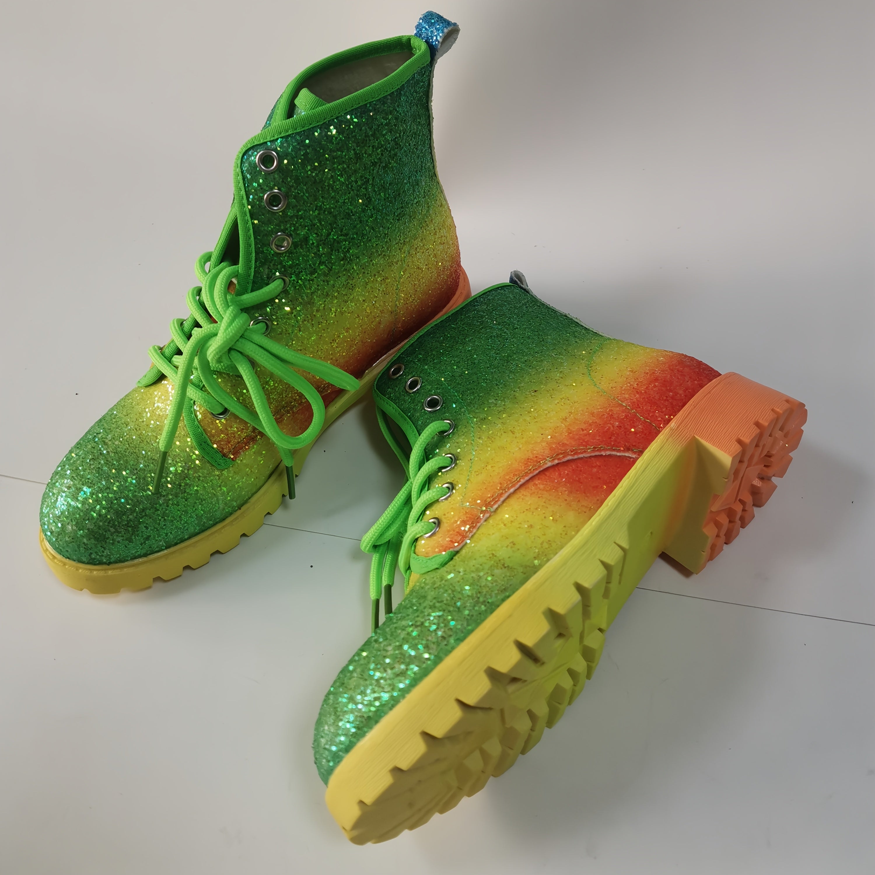 Women's Colorful Gradient Print Platform Ankle Boots with Glitter Accents