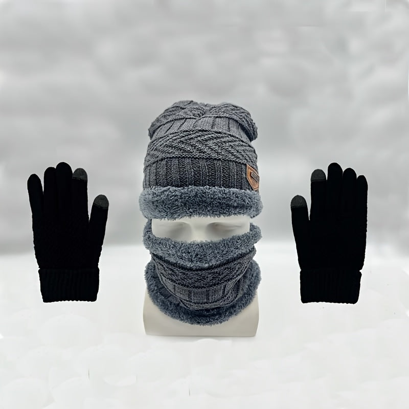 Men's Cozy Knit Hat Scarf Gloves Set Thick Fleece Lining Winter Warmth